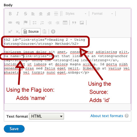 Screen shot of source code for jump links